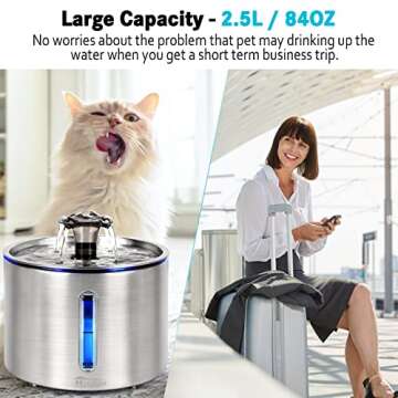 Hanaoyo Cat Water Fountain Stainless Steel with Ultra Quiet Water Pump, 2.5L/84oz Automatic Pet Wate...