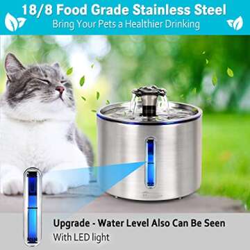 Hanaoyo Cat Water Fountain Stainless Steel with Ultra Quiet Water Pump, 2.5L/84oz Automatic Pet Water Fountain for Multi Pet Households, Cat Drinking Fountains for Cats and Small Dogs