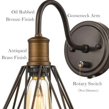 DAYCENT Industrial Plug in Wall Sconces Set of Two Oil Rubbed Bronze Wall Light with On Off Switch Farmhouse Gooseneck Sconces Wall Lighting Polygon Caged Wall Light Fixtures