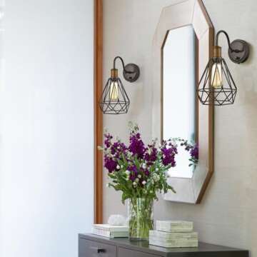 DAYCENT Industrial Plug in Wall Sconces Set of Two Oil Rubbed Bronze Wall Light with On Off Switch Farmhouse Gooseneck Sconces Wall Lighting Polygon Caged Wall Light Fixtures