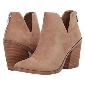 Kathemoi Womens Ankle Boots Slip on Cutout Pointed Toe Chunky Stacked Mid Heel Booties