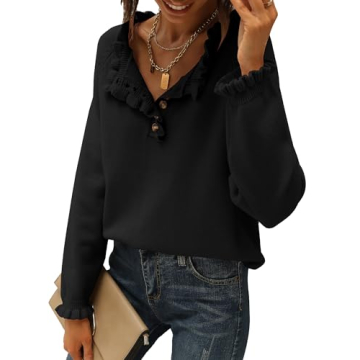 BTFBM Womens Sweaters Fall Winter Clothes 2025 Long Sleeve Button Down Ruffle Crew Neck Casual Knitt...