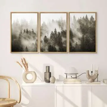 SIGNWIN Framed Canvas Print Wall Art Woodland Nursery Decor Set Duotone Blue Misty Pine Tree Forest Nature Modern Art Rustic Landscape Colorful for Living Room, Bedroom, Office - 16"x24"x3 Natural