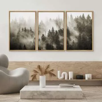 SIGNWIN Framed Canvas Print Wall Art Woodland Nursery Decor Set Duotone Blue Misty Pine Tree Forest Nature Modern Art Rustic Landscape Colorful for Living Room, Bedroom, Office - 16"x24"x3 Natural