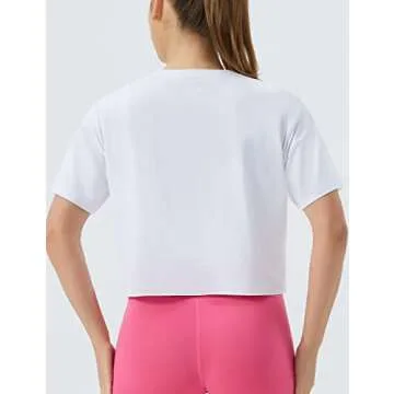 THE GYM PEOPLE Women's Workout Crop Top T-shirt Short Sleeve Boxy Yoga Running Cropped Basic Tee White