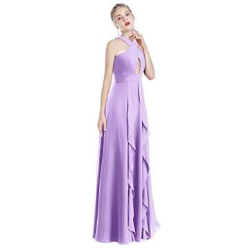 Women Halter Neck Criss Cross Dress Hollow Cut Out Ruffle Hem Sleeveless Bridesmaid Evening Party Ma...
