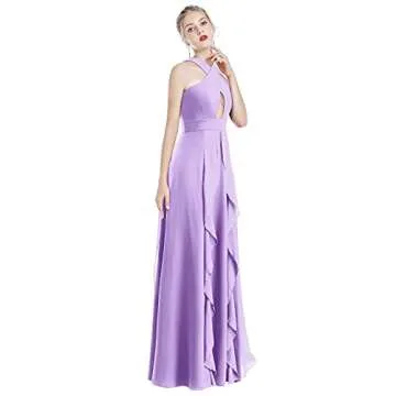 Women Halter Neck Criss Cross Dress Hollow Cut Out Ruffle Hem Sleeveless Bridesmaid Evening Party Ma...