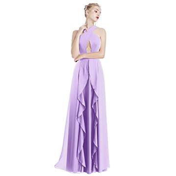 Women Halter Neck Criss Cross Dress Hollow Cut Out Ruffle Hem Sleeveless Bridesmaid Evening Party Maxi Dress Empire Waist Keyhole Backless Flowy Chiffon Long Wedding Formal Prom Dress Light Purple L