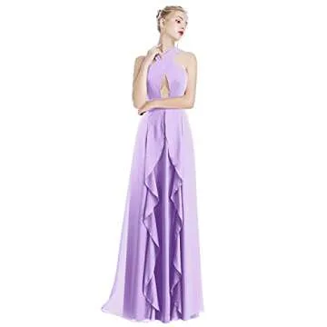 Women Halter Neck Criss Cross Dress Hollow Cut Out Ruffle Hem Sleeveless Bridesmaid Evening Party Maxi Dress Empire Waist Keyhole Backless Flowy Chiffon Long Wedding Formal Prom Dress Light Purple L