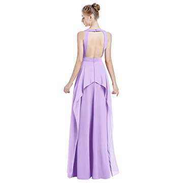 Women Halter Neck Criss Cross Dress Hollow Cut Out Ruffle Hem Sleeveless Bridesmaid Evening Party Maxi Dress Empire Waist Keyhole Backless Flowy Chiffon Long Wedding Formal Prom Dress Light Purple L