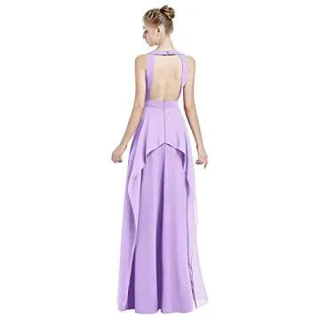 Women Halter Neck Criss Cross Dress Hollow Cut Out Ruffle Hem Sleeveless Bridesmaid Evening Party Maxi Dress Empire Waist Keyhole Backless Flowy Chiffon Long Wedding Formal Prom Dress Light Purple L