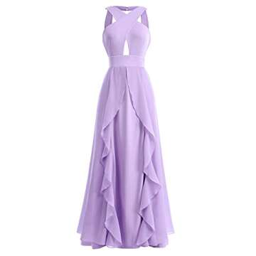 Women Halter Neck Criss Cross Dress Hollow Cut Out Ruffle Hem Sleeveless Bridesmaid Evening Party Maxi Dress Empire Waist Keyhole Backless Flowy Chiffon Long Wedding Formal Prom Dress Light Purple L