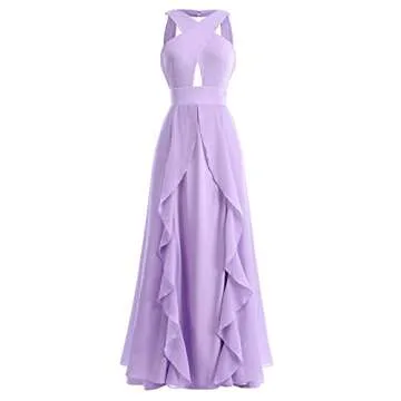 Women Halter Neck Criss Cross Dress Hollow Cut Out Ruffle Hem Sleeveless Bridesmaid Evening Party Maxi Dress Empire Waist Keyhole Backless Flowy Chiffon Long Wedding Formal Prom Dress Light Purple L