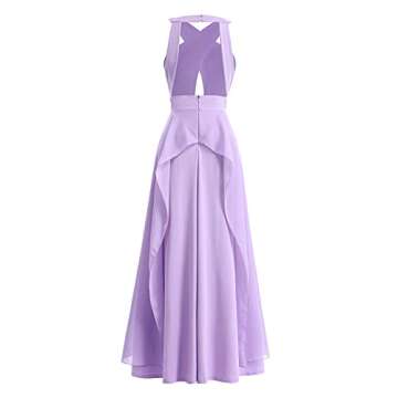 Women Halter Neck Criss Cross Dress Hollow Cut Out Ruffle Hem Sleeveless Bridesmaid Evening Party Maxi Dress Empire Waist Keyhole Backless Flowy Chiffon Long Wedding Formal Prom Dress Light Purple L