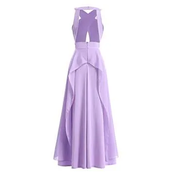 Women Halter Neck Criss Cross Dress Hollow Cut Out Ruffle Hem Sleeveless Bridesmaid Evening Party Maxi Dress Empire Waist Keyhole Backless Flowy Chiffon Long Wedding Formal Prom Dress Light Purple L