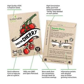 Heirloom Tomato Seeds For Planting: 9 Tomato Variety Pack: Cherry, Brandywine Beefsteak, Yellow Pear, Golden Jubilee, Plum Roma, Tomatillo, Ace 55 San Marzano Organic Tomato Seeds by Sustanible Sprout