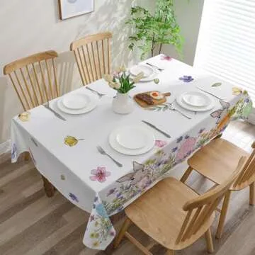 cusugbaso Easter Tablecloth 60x84 Inch Rectangle, Easter Table Decor, Spring Table Cloth Rectangle for Party, Table Floral Rabbit and Eggs Easter Decorations for Home