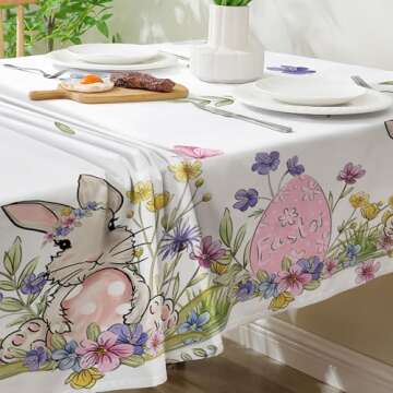 cusugbaso Easter Tablecloth 60x84 Inch Rectangle, Easter Table Decor, Spring Table Cloth Rectangle for Party, Table Floral Rabbit and Eggs Easter Decorations for Home
