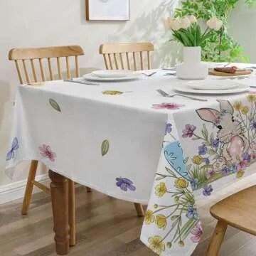 cusugbaso Easter Tablecloth 60x84 Inch Rectangle, Easter Table Decor, Spring Table Cloth Rectangle for Party, Table Floral Rabbit and Eggs Easter Decorations for Home
