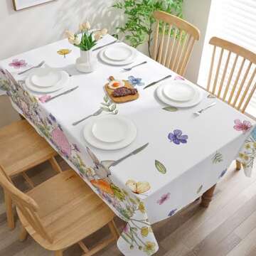 cusugbaso Easter Tablecloth 60x84 Inch Rectangle, Easter Table Decor, Spring Table Cloth Rectangle for Party, Table Floral Rabbit and Eggs Easter Decorations for Home