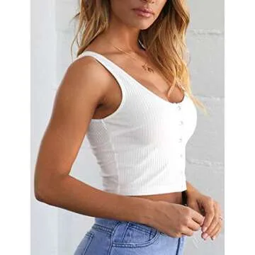 Minthunter Women's Casual Sleeveless Button-Down Shirts Basic Camisole Crop Tank Tops (Small, A-White)