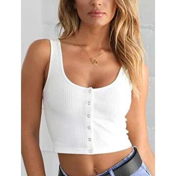 Minthunter Women's Casual Sleeveless Button-Down Shirts Basic Camisole Crop Tank Tops (Small, A-White)