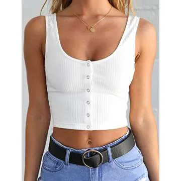Minthunter Women's Casual Sleeveless Button-Down Shirts Basic Camisole Crop Tank Tops (Small, A-White)