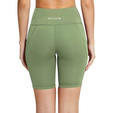 BALEAF Women's 8" High Waist Biker Workout Yoga Running Compression Exercise Shorts Side Pockets Olive Green L