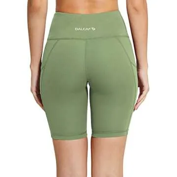 BALEAF Women's 8" High Waist Biker Workout Yoga Running Compression Exercise Shorts Side Pockets Olive Green L