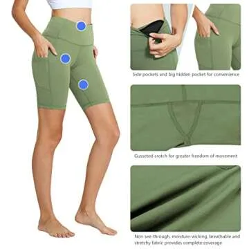 BALEAF Women's 8" High Waist Biker Workout Yoga Running Compression Exercise Shorts Side Pockets Olive Green L