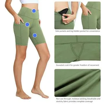 BALEAF Women's 8" High Waist Biker Workout Yoga Running Compression Exercise Shorts Side Pockets Olive Green L
