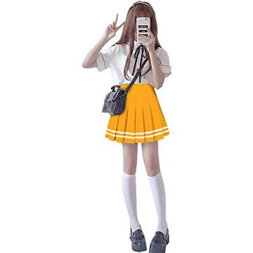 SANGTREE Toddler Little & Big Girls' Pleated Tennis Short A-Line Mini Skirt Junior Teen School Uniform, A# Gold Yellow with Stripe 2 Pockets, 6-7 Years