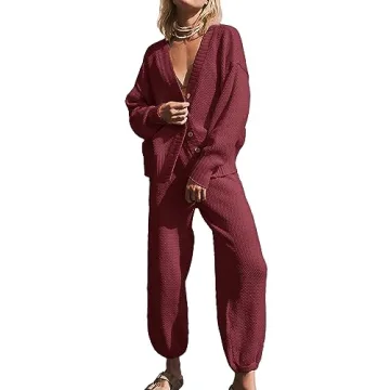 Ugerlov Women's Two Piece Outfits Sweater Sets Oversized Knit Cardigan and High Waisted Baggy Pants ...