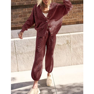 Ugerlov Cozy Women’s Two Piece Sweater Lounge Set in Wine Red