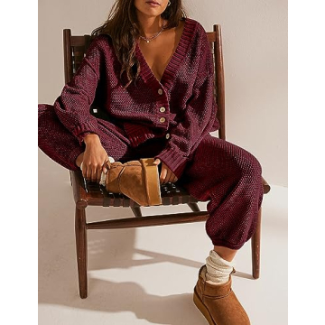 Ugerlov Cozy Women’s Two Piece Sweater Lounge Set in Wine Red