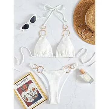Stylish WDIRARA Ring Halter Bikini Swimsuit for Women - White