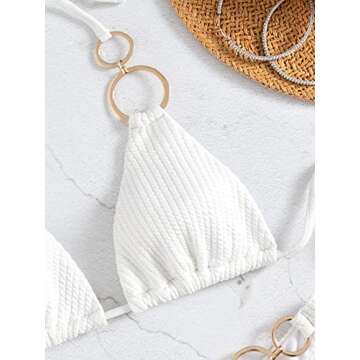 Stylish WDIRARA Ring Halter Bikini Swimsuit for Women - White