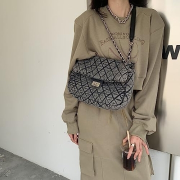 Women’s Grey Denim Retro Tote - Chic and Spacious Handbag