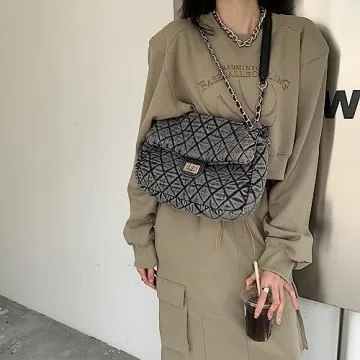 Women’s Grey Denim Retro Tote - Chic and Spacious Handbag