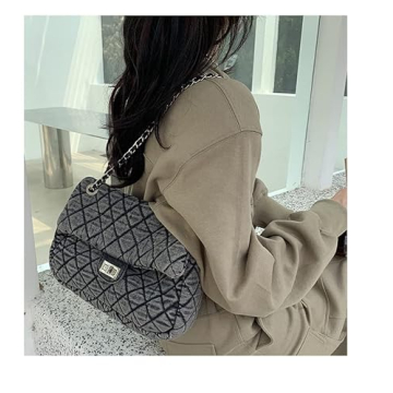 Women’s Grey Denim Retro Tote - Chic and Spacious Handbag