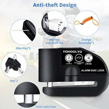 YOHOOLYO Alarm Disc Lock Motorcycle Disc Brake Lock Anti-Theft Waterproof 110 dB 7mm Pin 5ft Reminde...