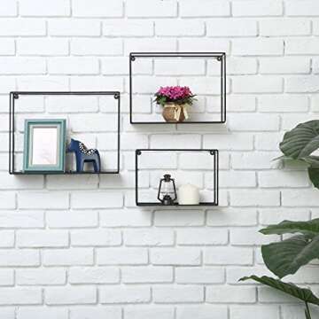 MyGift Black Metal Wire Bathroom Floating Shelves, Decorative Wall Shadow Box Display Shelf for Bedr...