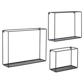 MyGift Black Metal Wire Bathroom Floating Shelves, Decorative Wall Shadow Box Display Shelf for Bedroom, Set of 3