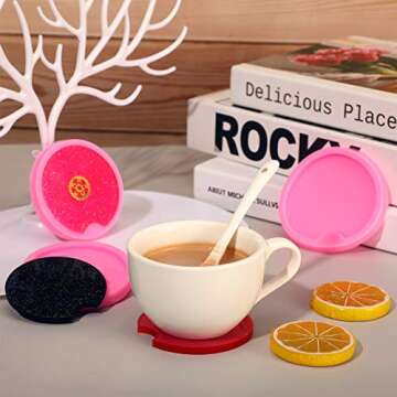4 Pieces Car Coaster Mold DIY Round Coaster Silicone Mold Epoxy Resin Casting Mold DIY Molds Silicone Keyring Mold for Cup Mats, Home Decoration (Pink,6.5 cm, 7.5 cm Diameter)