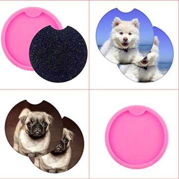4 Pieces Car Coaster Mold DIY Round Coaster Silicone Mold Epoxy Resin Casting Mold DIY Molds Silicone Keyring Mold for Cup Mats, Home Decoration (Pink,6.5 cm, 7.5 cm Diameter)