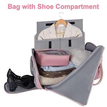 Vancropak Convertible Carry on Garment Bag for Women, Travel Garment Duffle Bag with Toiletry Bag & Shoe Compartment, 2 in 1 Travel Carrier with Shoulder Strap, Large Dress Weekender Suitcase, Pink