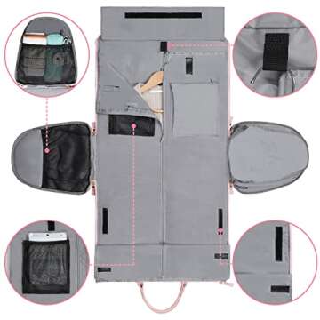 Vancropak Convertible Carry on Garment Bag for Women, Travel Garment Duffle Bag with Toiletry Bag & Shoe Compartment, 2 in 1 Travel Carrier with Shoulder Strap, Large Dress Weekender Suitcase, Pink