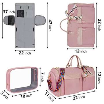 Vancropak Convertible Carry on Garment Bag for Women, Travel Garment Duffle Bag with Toiletry Bag & Shoe Compartment, 2 in 1 Travel Carrier with Shoulder Strap, Large Dress Weekender Suitcase, Pink