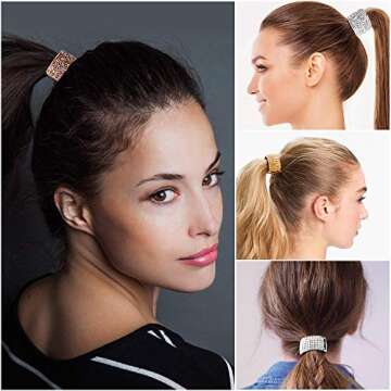 Shiny Rhinestone Glitter Ponytail Holder Hair Ties Rings Cuffs Elastic Hair Rope Band Headwear Hair Accessories for Women Girls Christmas Gift Set Gold Silver