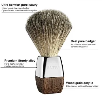 GRUTTI Premium Shaving Brush Set with Luxury Badger Brush, Soap Bowl and Manual Mens Razor, Shave Stand Holder Compatible with Fusion 5, Best Gift for Men- Wooden Handle